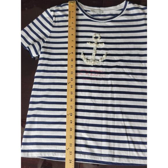 Zara Diving Moments Pearls‎ Anchor Sea Shirt Striped Round Neck Women's Small - Picture 6 of 9